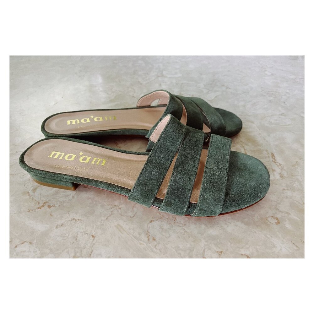Ma'am Sz 10.5 (9.5) Moss Green Three Strap Suede Slides Made in USA